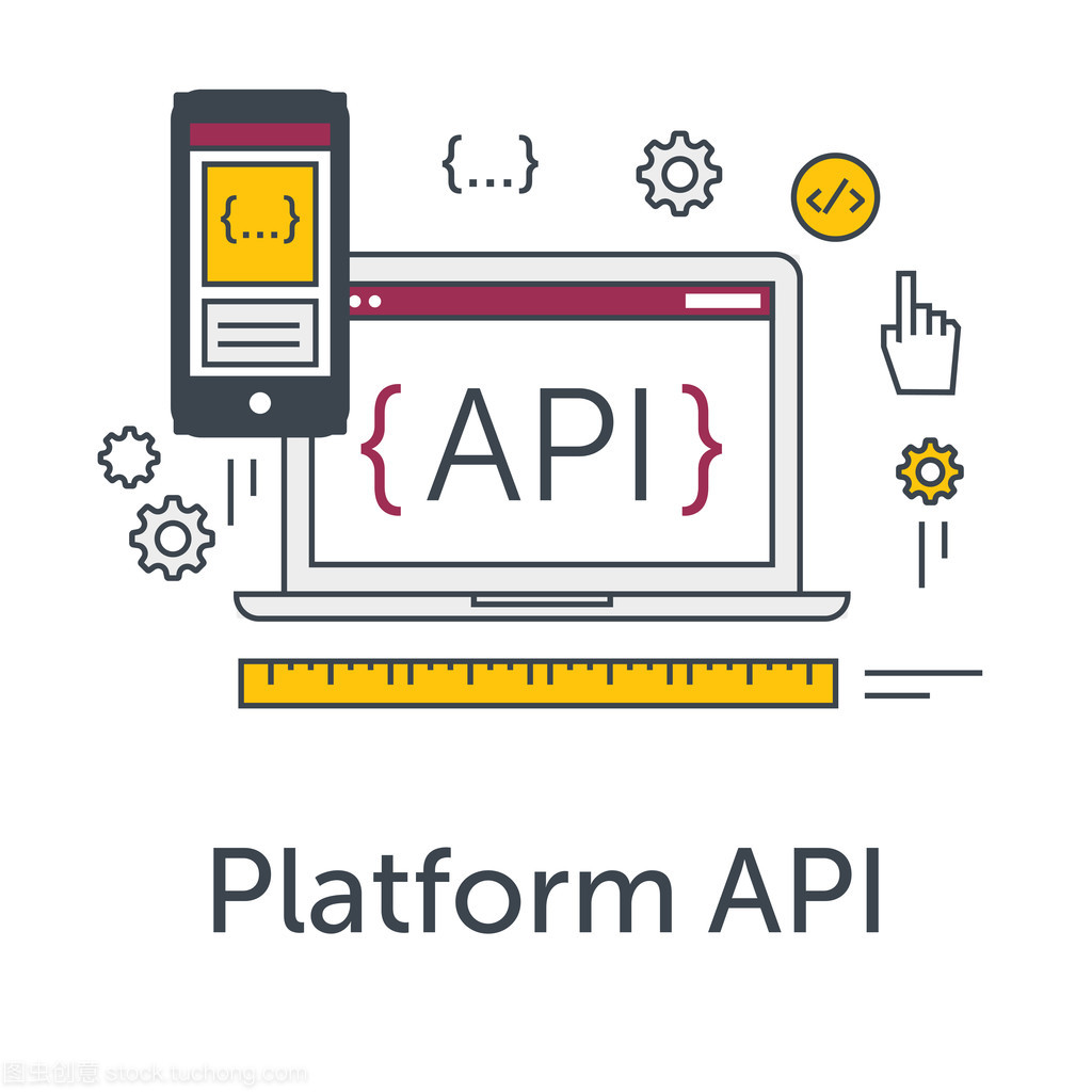 細線平面設計概念橫幅廣告的軟件開發(fā)。平臺 Api 圖標。編程語言、 測試和 bug 修復筆記本電腦和智能手機上。現(xiàn)代的矢量圖